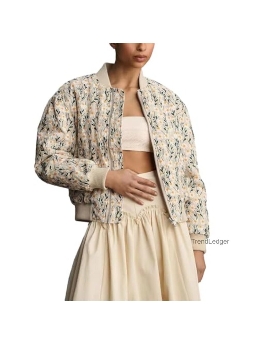 Embroidered Daisy Cropped Bomber Jacket Quilted Puffer Padded Coat